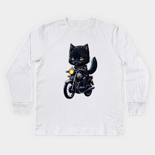 Biker Cute Black Cat Riding Motorcycle Kids Long Sleeve T-Shirt